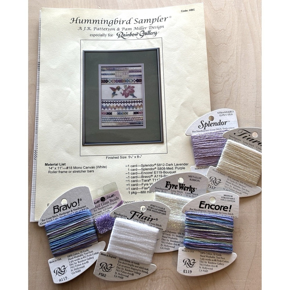 Hummingbird Sampler for Rainbow Gallery Sampler Chart 6 Floss Cards Beads